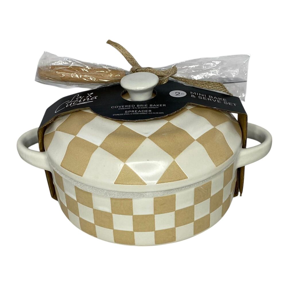 La Cucina Mini Bake & Serve Brie Baker Oven Dish NWT Tan Checkered